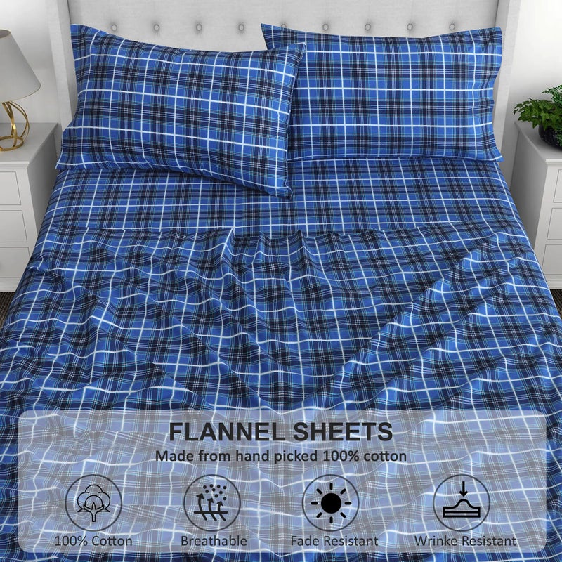 RUVANTI Flannel Sheets Queen Size - 100% Cotton Double Brushed Bed Sheets, Deep Pockets 16 Inches Queen Sheet Set, All Seasons Breathable & Extra Soft - Warm & Cozy, 4 Piece, Blue Plaid - Image 4